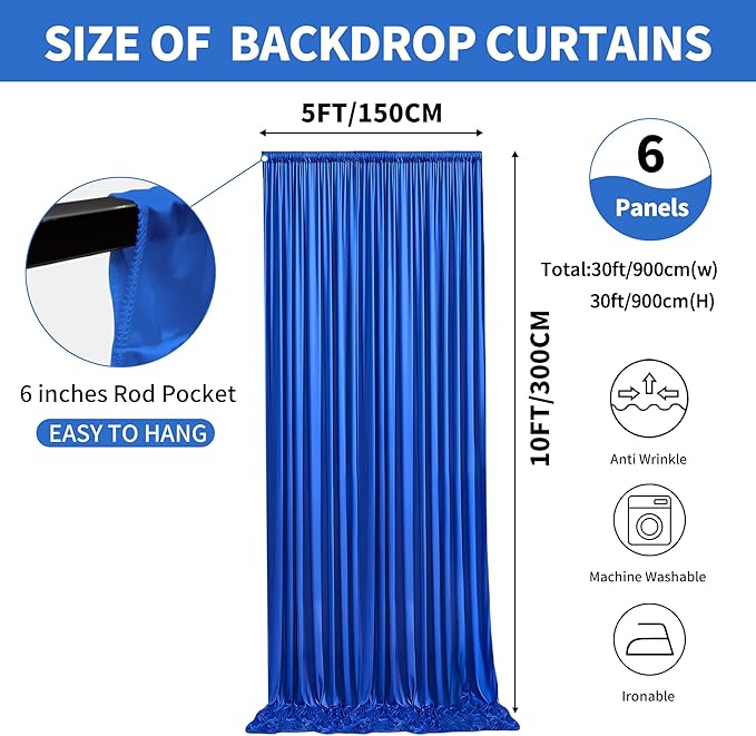 30x10ft Backdrop Curtains for Parties, 6 Panels 5x10ft Photography Backdrop Curtain with Rod Pocket,Backdrop Polyester Background Drapes,Wedding Backdrop Drapes for Birthday Baby Shower Home Decor