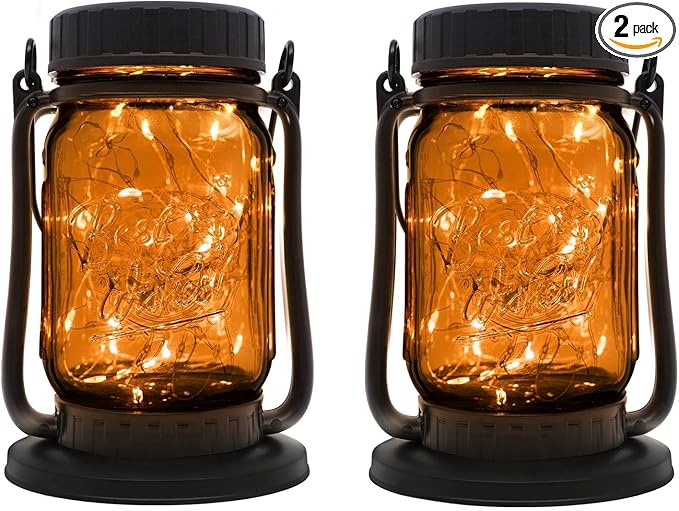 Mason Jar Lights - Solar Lantern Outdoor Waterproof, Hanging Solar Lights for Outside, Halloween, Fairy Twinkle Glass Decorative Lamp for Yard, Patio, Garden, Porch, Table, Wedding, Pack 2