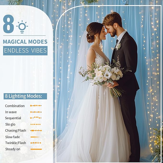 Baby Blue Tulle Backdrop Curtain with Lights String - 10x10ft Sheer Backdrop with 300 LEDs for Wedding, Baby Shower, Bridal Shower, Birthday Party Photo Shoot Background and Home Decorations