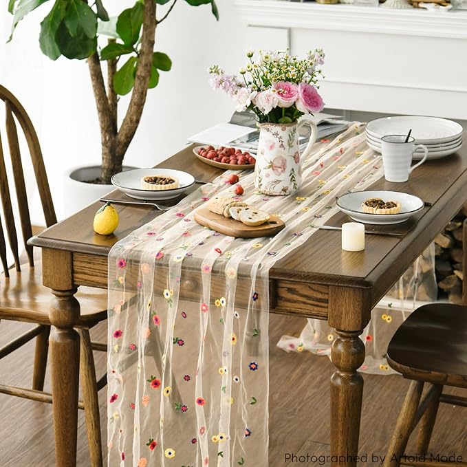 Artoid Mode 3PCS Champagne Embroidery Daisy Gauze Table Runner 120 Inch 10FT, Seasonal Sheer Kitchen Dining Holiday Wedding Birthday Table Decor for Home Party