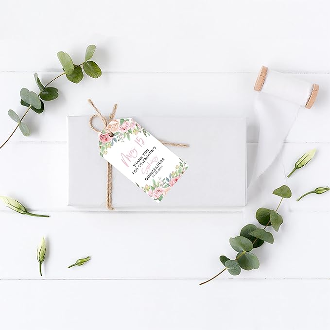 Andaz Press 40-Pack Personalized Quinceañera Favor Tags with String, Pink & Cream Roses Custom Classic Thank You Gift Tags for Mis Quince Años XV 15th Birthday Favor Gifts Quince Decorations