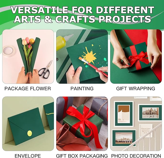 Vanhench Green Wrapping Paper 17.5" x 760" (63'), Solid Color Art Kraft Craft Paper for Bouquet Flower Crafts Packing Birthday Christmas Wrapping Poster Bulletin Board 80GSM 55LB