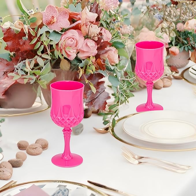 Plastic Vintage Wine Glasses 7OZ Plastic Goblets Vintage Drinking Glasses 12PCS Retro Wedding Glassware Water Goblets Reusable Drinking Cups for Party,Reception,Celebration,Bar,Whiskey(Rose Pink)