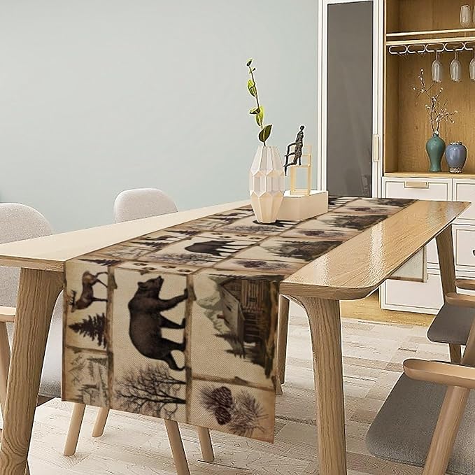 Rustic Cabin Table Runner, Retro Moose Cone Deer Bear Farmhouse Lodge Table Runner for Dinner Living Room Kitchen Vintage Country Cottage 13x36 Inch