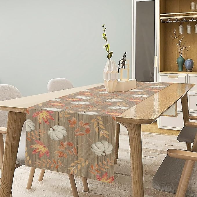 Autumn Table Runner,Pumpkins Maple Leaves Wood Fall r Seasonal Table Runner Kitchen Dining Table Decoration for Home Party Decor 13x36 Inch