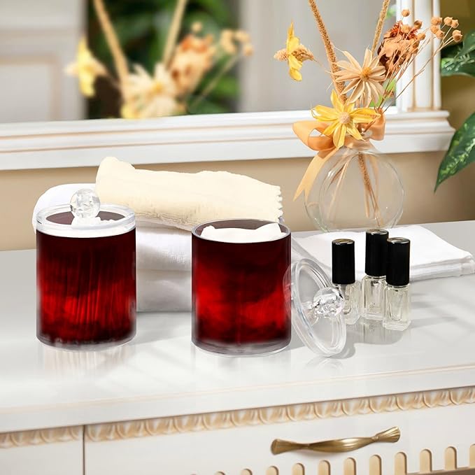 Gredecor 2 Pack Qtip Holder Clear Red Apothecary Jars with Lids Plastic Acrylic Bathroom Jars Vanity Countertop Canister Storage Organizer for Cotton Ball,Swabs,Pads,Floss