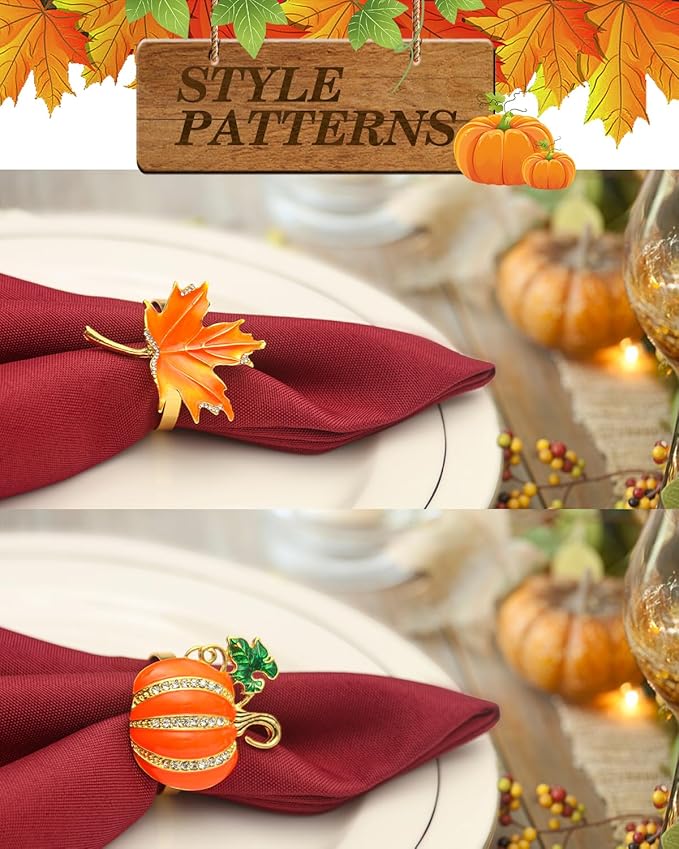 KPOSIYA Fall Napkins Rings, 6 Pcs Thanksgiving Napkin Ring Fall Maple Leaf Napkin Rings and Halloween Pumpkin Napkin Holders for Thanksgiving Table Decorations, Fall Banquet, Holiday Dinner Party