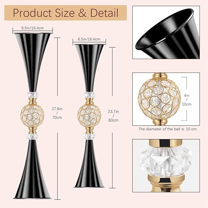 VIJIV Black Crystal Flower Vases for Centerpieces Tables - Tall Trumpet Vase for Bouquet Decorative, Dining Table Décor Flower Stand with Ribbed Texture for Events, Bridal Showers & Boho Weddings