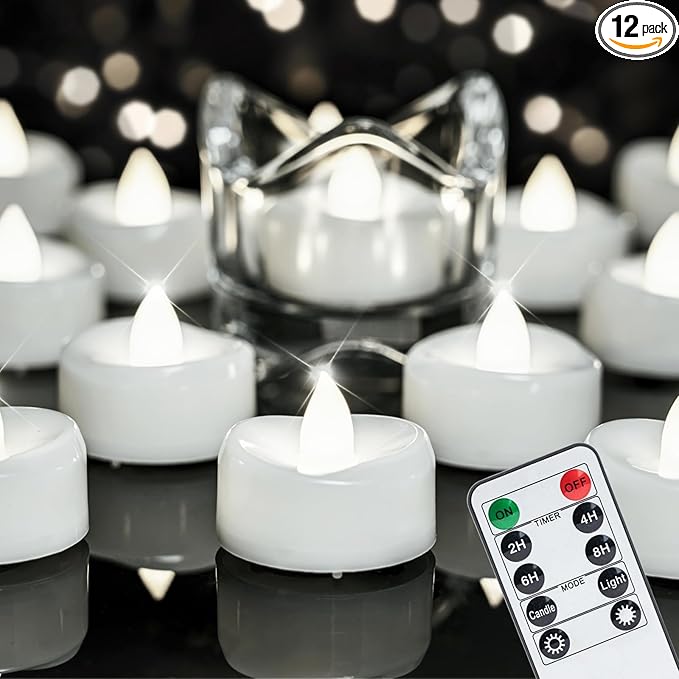 Remote Candles, 12PCS Flameless Tea Lights Candle Battery Operated with Timer, 400+Hours Remote Control LED Tea Lights Votive Candle - 1.5'' D X 1.25'' H- Pure White Light