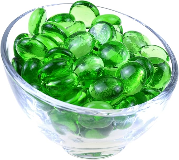 KINGOU Flat Glass Gems/Marbles/Stones/Beads for Vase Filler, Table Scatter, Games - 1 Lbs (17-19mm, Approx. 3/4")-Green Luster