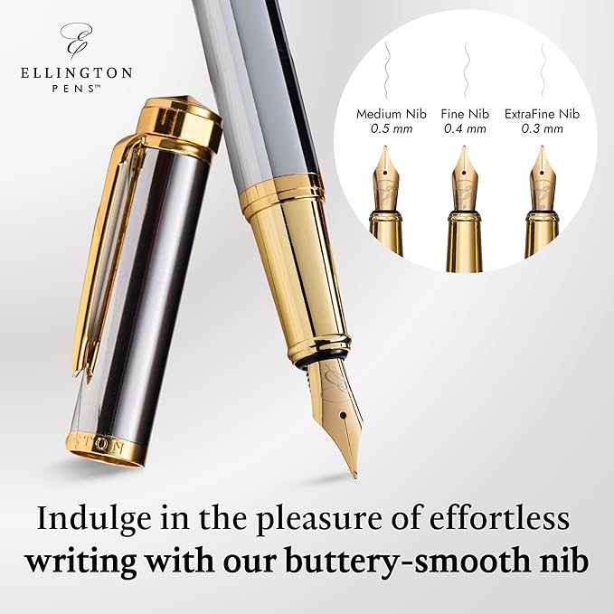 Ellington Pens Luxury Fountain Pen Set- Fountain Pens for Writing - Smooth Medium Nib - Includes Refillable Ink Converter, 3 Ink Cartridges [Black & Blue], Gift Box - Elegant Calligraphy