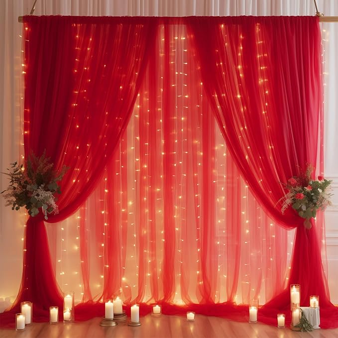 30×10ft Red Tulle Backdrop Curtain with Lights String for Parties, Sheer Photo Backdrop Curtains for Wedding Party Photography Background