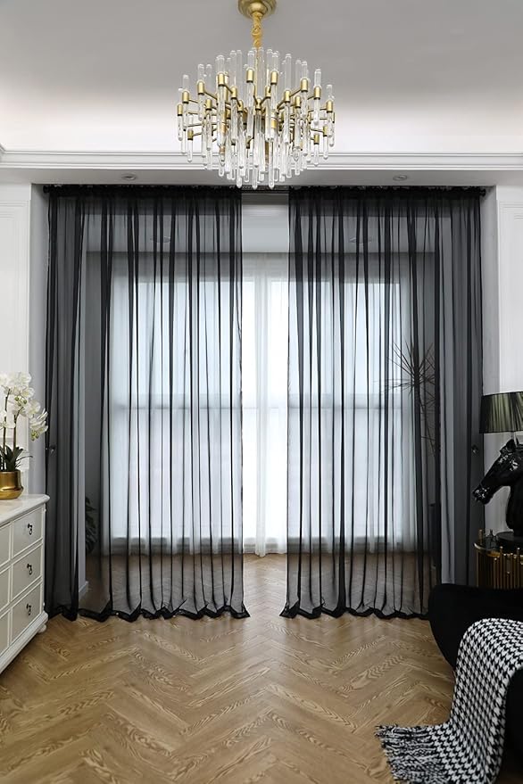 Window Black Sheer Curtains 48 Inches Width 130 Inches Long 2 Panels Sheer Curtain Clear Curtains Basic Rod Pocket Panel for Home Living Room Bedroom Kids Room Yard Patio Parlor Sliding