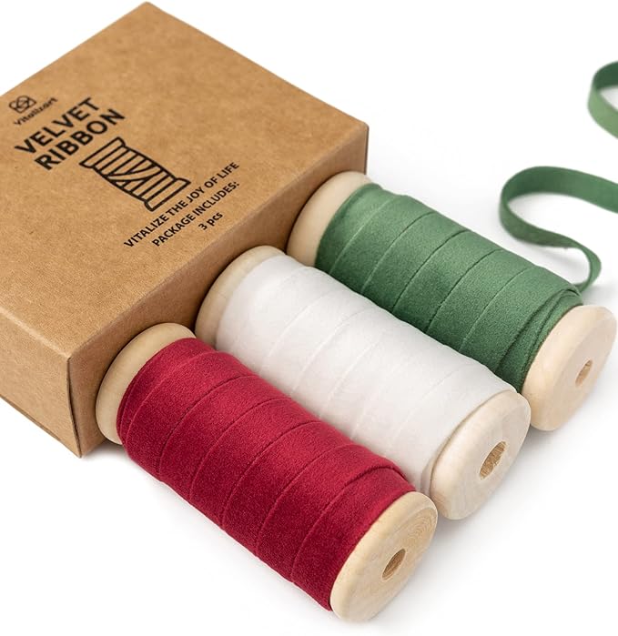 Vitalizart Christmas Velvet Ribbon Set 3/8" x 15 Yd Wooden Spool Fabric Trim 3 Rolls * 5 Yd for Christmas Wreath Decoration Handmade Craft Ornaments Gift Wrapping & Bow Making