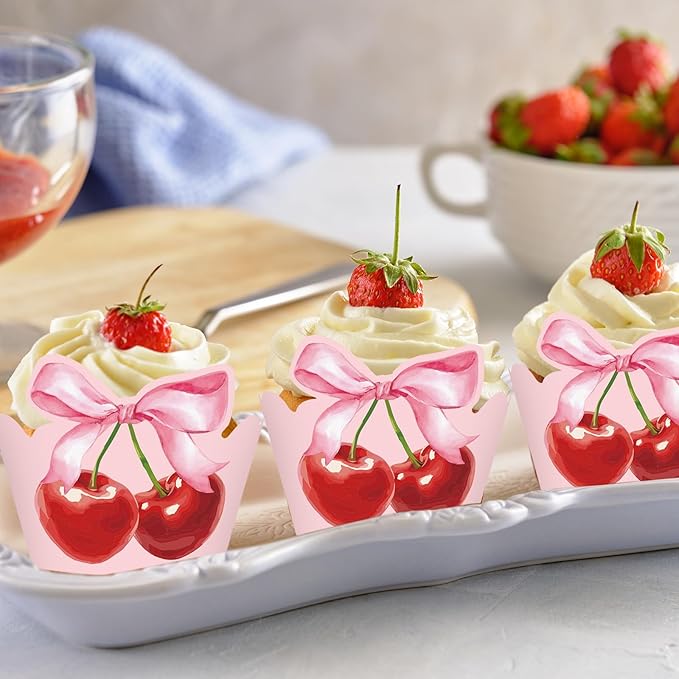 36Pcs Pink Bow Cherry Cupcake Wrappers Pink Red Bowknot Cherry Cupcake Liners Sweet Decorative Dessert Holders for Birthday Baby Shower