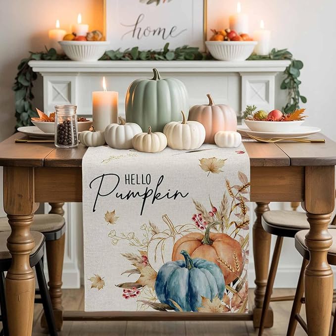 Fall Thanksgiving Cotton Linen Table Runner for Dining Kitchen, Orange Pumpkins Outdoor Party Autumn Tablerunners Decoration, Rustic Wheat Leaves Dresser Scarf Coffee Tablecloth Runners 13x90 Inches