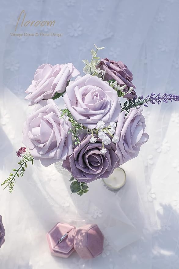 Floroom Artificial Flowers 50pcs Real Looking Lavender African Violet Purple Foam Fake Roses with Stems for DIY Wedding Bouquets Bridal Shower Centerpieces Floral Arrangements Party Tables Decorations