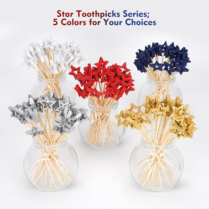 Minisland Big Navy Blue Star Cocktail Picks, 5.5 Inch Long Bamboo Fancy Toothpicks for Appetizers, Decorative Independence Day Holiday Party Food Drinks Garnish Fruit Skewer Sticks 50 Counts - MSL433