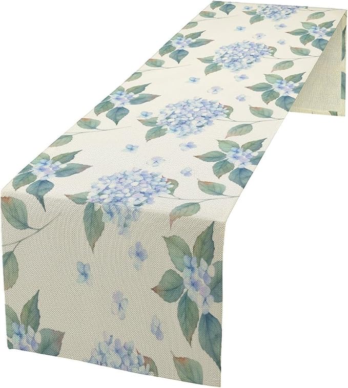 Spring Hydrangea Flower Table Runner, Seasonal Summer Plants Watercolor Blue Florals Dinner Runner for Home Kitchen Dining Table Party Holiday Decoration 13"x120"