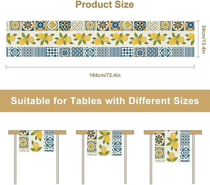 Lemon Table Runner,Watercolor Blue Fruits Green Leaves Print Table Cloth Kitchen Dining Table Home Party Decoration 13x60 Inch