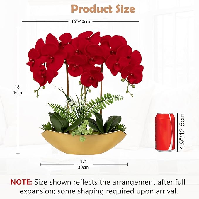 Briful Orchid Artificial Flowers 18in Red Fake Orchid Silk Flowers with Gold Ceramic Vase Faux Phalaenopsis Arrangement for Home Office Room Dining Table Centerpiece Modern Decor