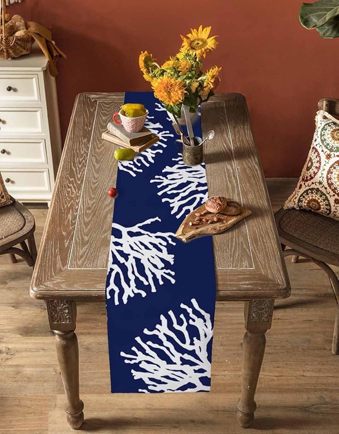Coastal Coral Cotton Linen Table Runner for Dining Kitchen, Wedding Outdoor Party Tablerunners Decoration, Navy Blue Nautical Ocean Beach Dresser Scarf Coffee Tablecloth Runners 13x108 Inches