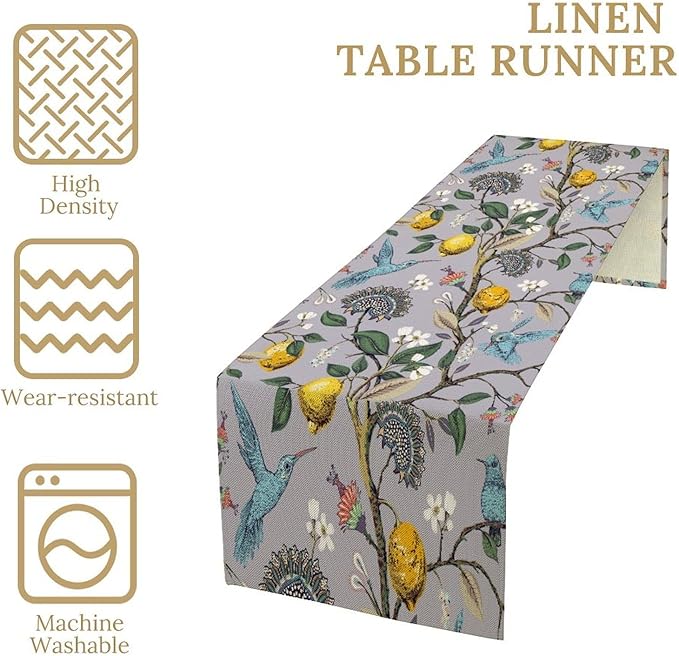 Table Runner with Flowers and Birds, Spring Plant Flowers Table Decoration Linen Table Runner Family Party Party Decorations 13x108 Inches
