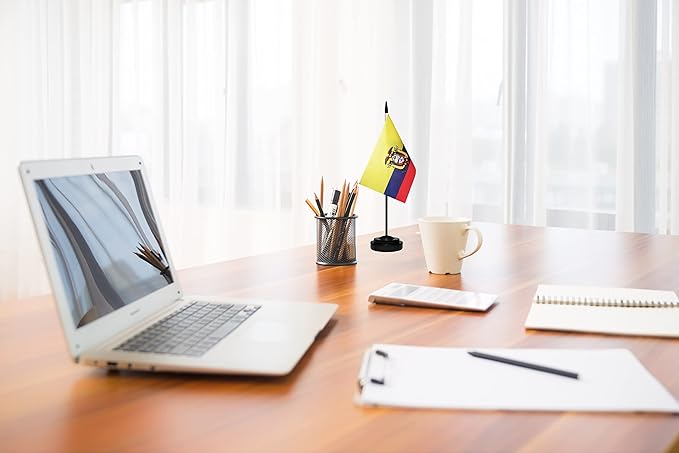 Ecuador Ecuadorian Deluxe Desk Flag Set Small Mini Miniature Ecuador Ecuadorian Table Desktop Flags With Solid Pole, Black Base and Spear Top(2 Pack)