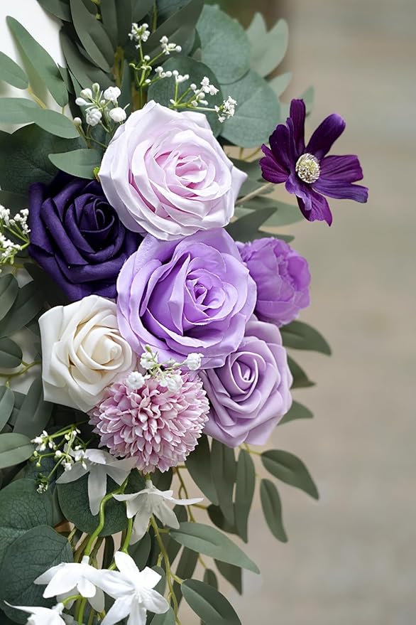Faux Flower Swag Set of 2 for Wedding Welcome Signs Floral Decorations, Purple Wedding Arch Flowers for Wedding Ceremony (Lilac & Purple & Cream)