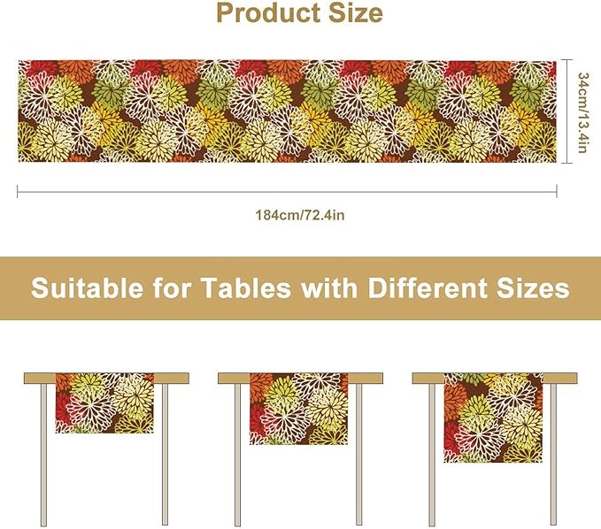 Brown Dahlia Floral Table Runner, Seasonal Autumn Thanksgiving Pattern Print for Home Kitchen Table Decor Dining Coffee Room Party Decor 13x108 Inch