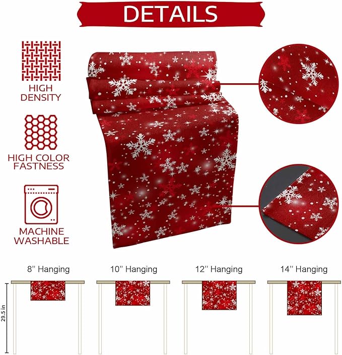 Christmas Snowflakes Cotton Linen Table Runner for Dining Kitchen, Red Xmas Winter Snow Wedding Outdoor Party Tablerunners Decoration, New Year Dresser Scarf Coffee Tablecloth Runners 13x36 Inches