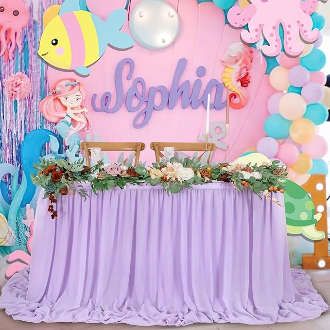 QueenDream Lavender Chiffon Table Skirt 6ft for Rectangle Tables Purple Mermaid Table Skirting for Wedding Birthday Butterfly Party Baby Shower