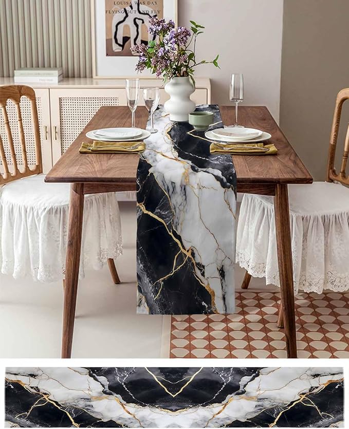 Black White Marble Cotton Linen Table Runner for Dining Kitchen, Wedding Outdoor Party Tablerunners Decoration, Nature Marble Crack Modern Art Dresser Scarf Coffee Tablecloth Runners 13x36 Inches