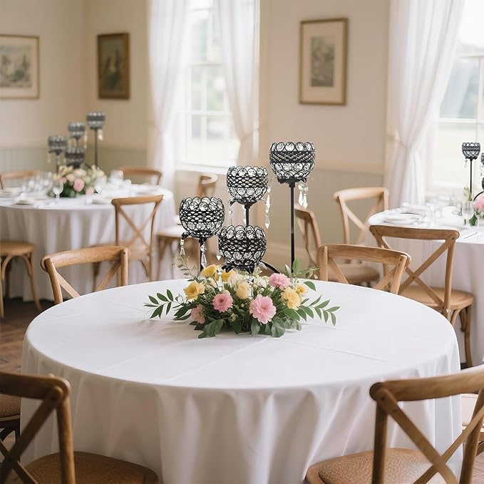 4 Arms Crystal Candelabra Tealight Holder - Tall 15.7 Inch Elegant Centerpiece with Crystal Pendant Bowls & Artistic Metal Stand for Wedding, Dining Table, Home Decor (2, Black)