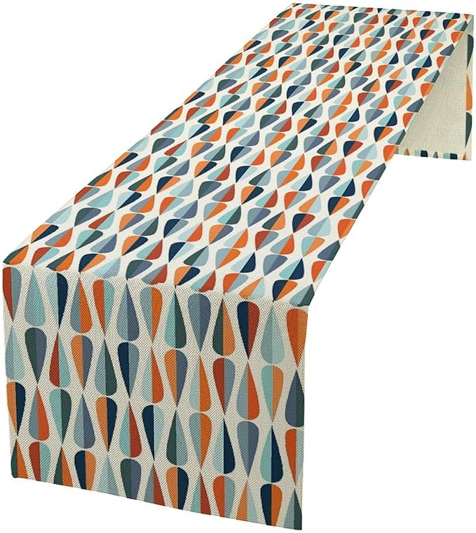 Mid Century Table Runner, Modern Style Retro Pattern Droplet Shapes Mosaic Tones Pattern Print for Home Kitchen Table Decor Dining Coffee Room Party Decor 13x72in