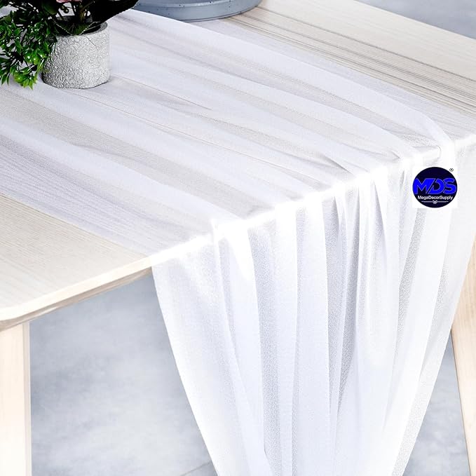 MDS 25 Pack 10ft Chiffon Table Runner 29 x 120 Inches Sheer Wedding Runner Romantic Rustic Table Runner for Wedding Decorations, Birthday Parties, Bridal Shower Party Arch Decor - White