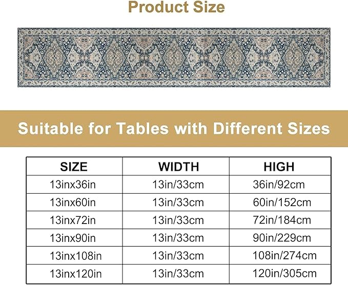 Vintage Boho Floral Table Runner, Rustic Country Farmhouse Blue Grey Retro Flower Pattern for Home Kitchen Table Decor Dining Coffee Room Party Decor 13x108in