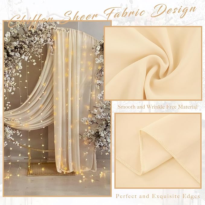 2 Panels Wedding Arch Draping Fabric 20Ft Length x 28" Width Champagne Arch Drapes Chiffon Fabric Sheer Curtains Backdrop for Party Bridal Decorations Wedding Ceremony Ceiling Stage Reception Decor