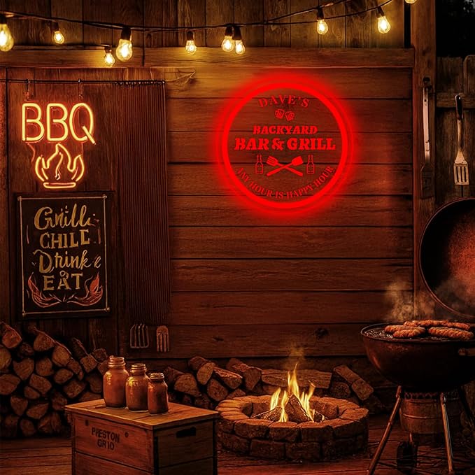Custom Acrylic LED Bar Sign – Personalized Color Changing Wall Decor for Backyard Patio, Home Bar, Kitchen, or Man Cave (Bar & Grill, 20 INCHES)