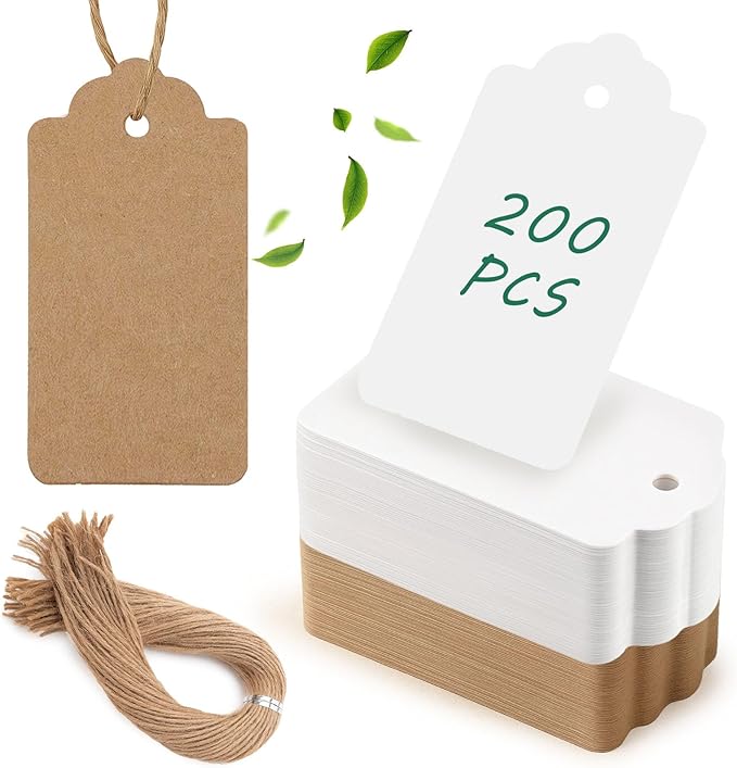 SallyFashion 200pcs Gift Tags with String Attached, 2x4 inch Kraft Paper Hang Tags for Clothes DIY Crafts Wedding Holiday (Brown White)