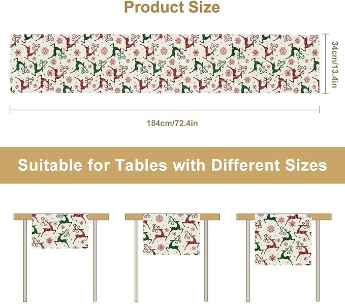 Christmas Table Runner,Christmas Plaid Deer Print Farmhouse Table Cloth Kitchen Dining Table Decoration for Home Party Decor 13x36 Inch