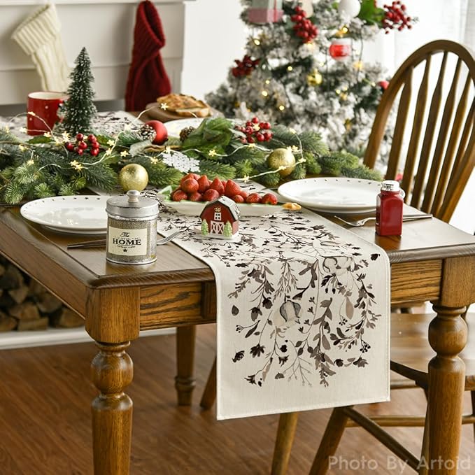 Artoid Mode Leaves and Flowers Cotton 210 GSM Winter Table Runner, Seasonal Christmas Kitchen Dining Table Decoration for Home Party Decor 13x36 Inch