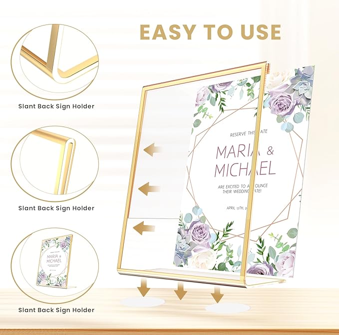 Acrylic Gold Frames 4 x 6, Slanted Back Gold Picture Frames Table Acrylic Sign Holder for Photos Wedding Table Numbers and Art Display with Removable Clear Sticky Dots,6 Pack