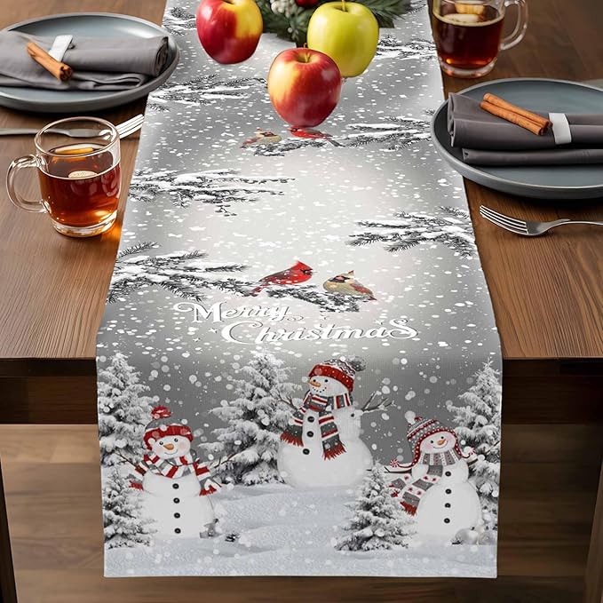 Christmas Snowman Cotton Linen Table Runner for Dining Kitchen, Snowflakes Xmas Pine Tree Wedding Outdoor Party Tablerunner Decoration Winter Bird Dresser Scarf Coffee Tablecloth Runners 13x72 Inches