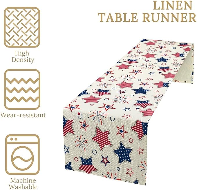 4th of July Table Runner, American Patriotic Independence Day Red Blue White Stars Stripes Fireworks Print Table Runner for Home Party Decor Kitchen Dining Table, 13x108inch