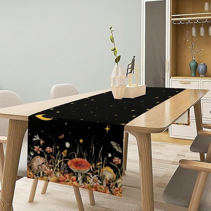 Mushroom Kitchen Table Runner, Gothic Moon Star Plants Witchy Moonlit Flower Butterfly Table Runner for Kitchen Party Living Room Drapes, 13x108 Inch Black