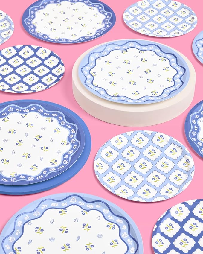 xo, Fetti Blue Coastal Paper Plates | 32 pcs, 2 sizes | Nautical Bachelorette Decorations, Seaside Dinner Party Setting, Beach Birthday Decor, Floral Tablescape