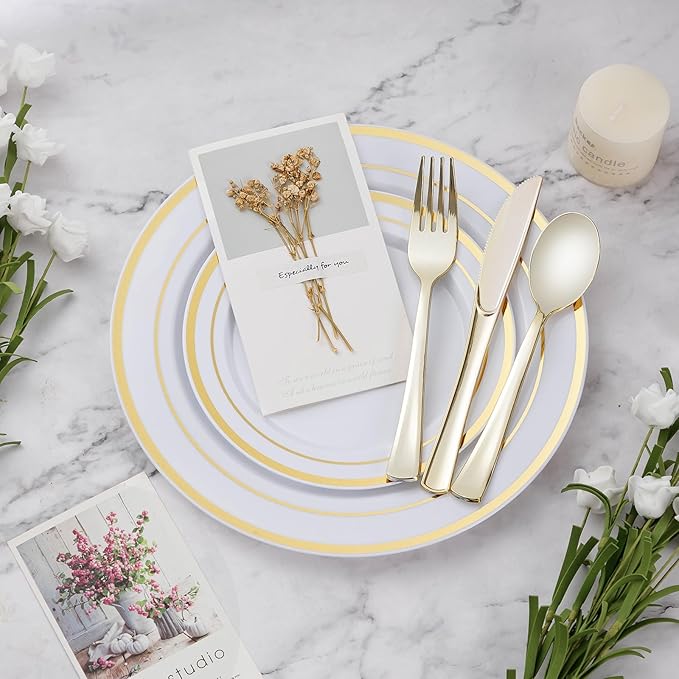BESTVIP 150PCS Plastic Dinnerware Set (25 Guests), Gold Disposable Plates for Party, Wedding, Christmas, Anniversary, Includes: Dinner Plates, Dessert Plates, Cups, Spoons, Forks and Knives
