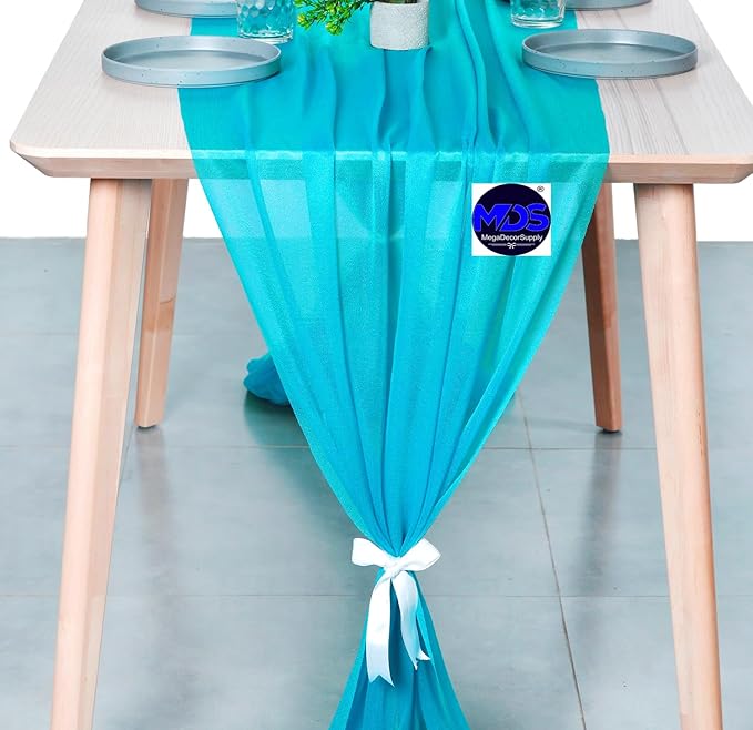 MDS 15 Pack 10ft Chiffon Table Runner 29 x 120 Inches Sheer Wedding Runner Romantic Rustic Table Runner for Wedding Decorations, Birthday Parties, Bridal Shower Party Arch Decor -Turquoise