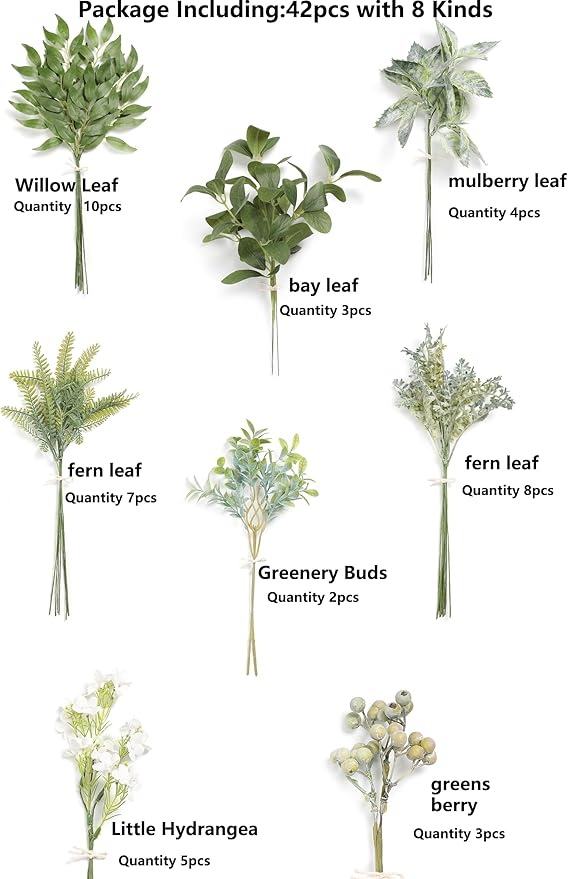 Serra Flora Artificial Greenery Stems Box Set,(Pack of 42pcs) with 8 Kinds of Faux Pink Green Filler for DIY Bridal Bouquets Wedding Floral Arrangement Table Centerpieces